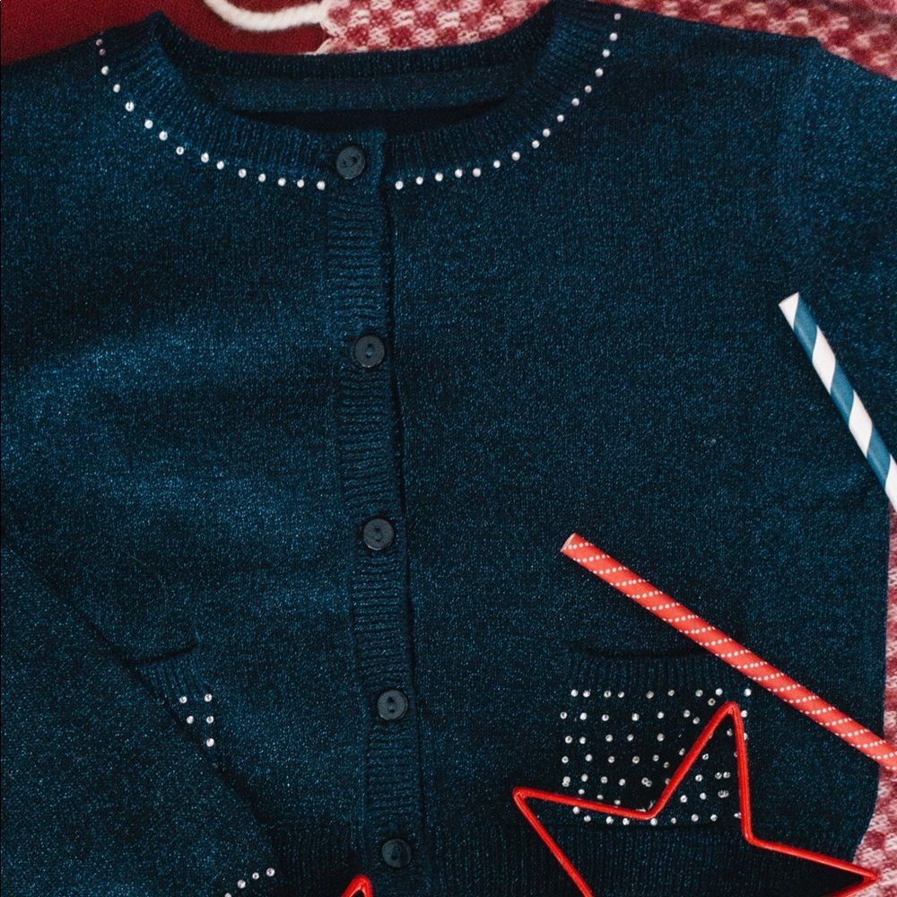 TONI & ROSIETTE Holiday Lurex & Rhinestones Navy Cardigan